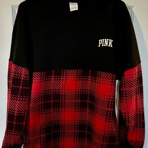 VS PINK VARSITY CREW SWEATSHIRT COLOR BLOCK BUFFALO PLAID LOGO RARE HTF Small